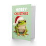 Cute Happy Green Frog In Santa Hat Christmas Card, thumbnail 2 of 4