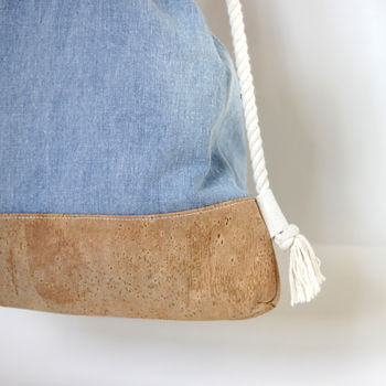 Stone Washed Denim + Vegan Cork Leather Rope Bag, 2 of 6