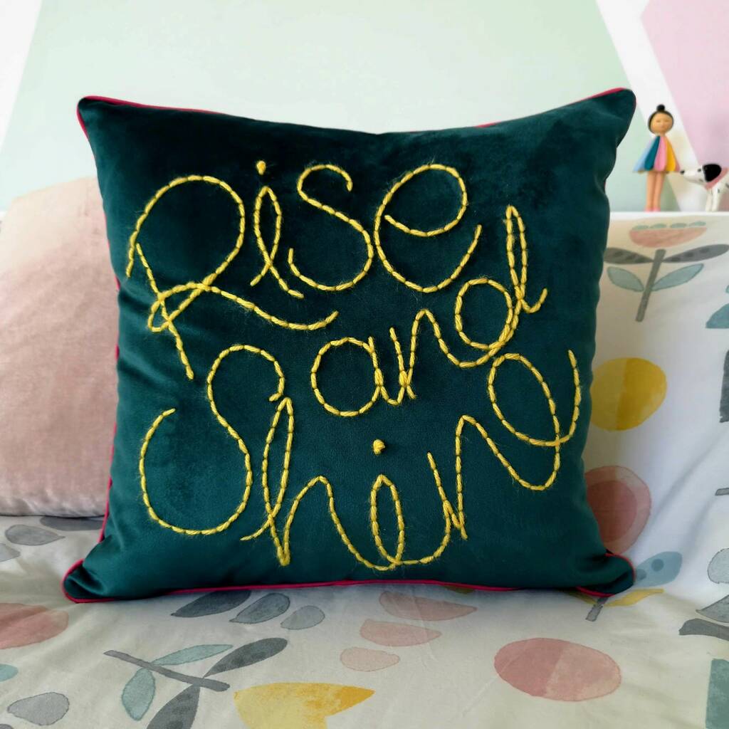 Rise And Shine Embroidered Velvet Cushion By JordanLovellA ...