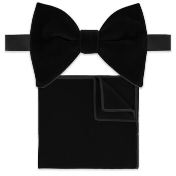 Mens Black Oversized Velvet Bow Tie And Pocket Square, 2 of 5