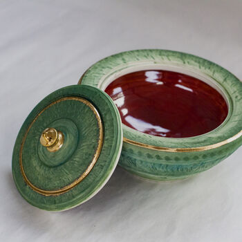 Handmade Green Porcelain Chattered Lidded Pot 24 C Gold, 2 of 5