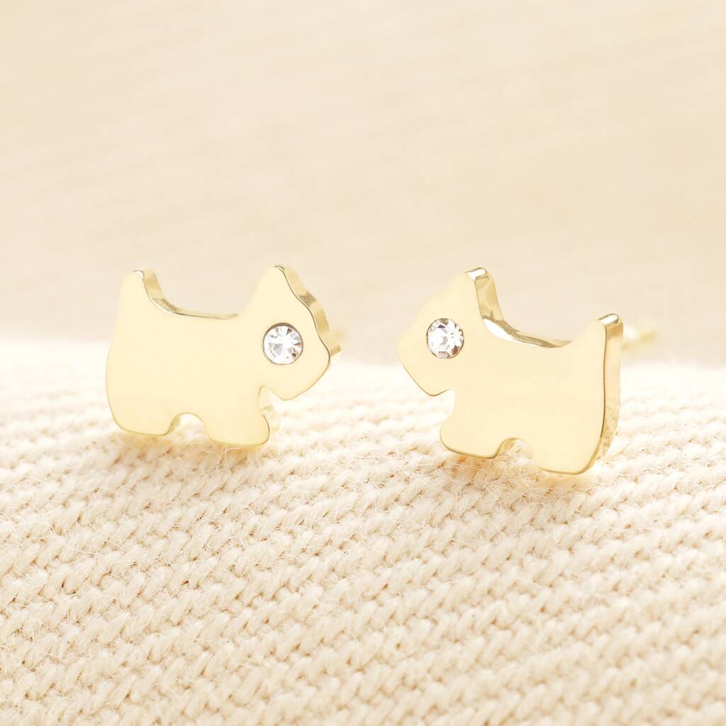 Stainless Steel Crystal Westie Dog Stud Earrings In Gold, 1 of 1