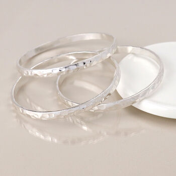 Set Of Three Silver Plated Hammered Bangle Bracelet Stack, 2 of 5