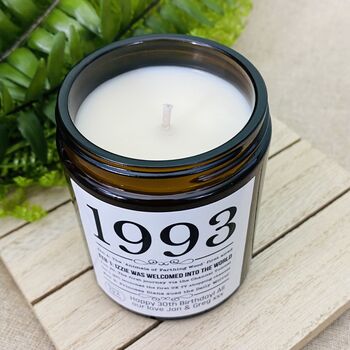 Personalised 30th 1993 Timeline Birthday Amber Candle, 2 of 5