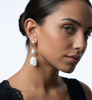 Shinju 18 K Gold Plated Square Pearl Earrings, 2 of 5