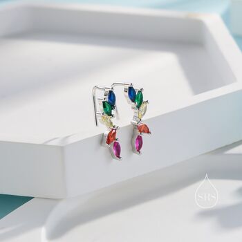 Sterling Silver Rainbow Marquise Cz Cluster Crawler Earrings, 3 of 11