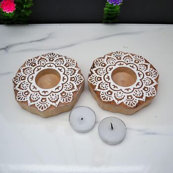 Wooden Flower Tea Light Candle Holder, Set Of Two, 4 of 5