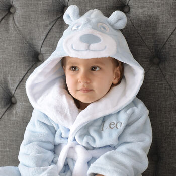 Personalised Blue Teddy Hooded Baby Dressing Gown, 2 of 7