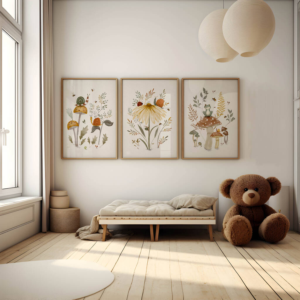 Woodland Garden Prints, Set Of Three, Whimsical Nursery Art With Snail, Frog And Ladybug, 1 of 2
