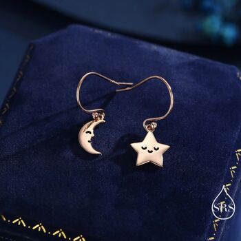 Extra Tiny Kawaii Star And Moon Dangle Drop Hook Earrings In Sterling Silver, 5 of 12