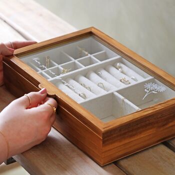 Personalised Birth Flower Glass Top Wood Jewellery Box, 2 of 12