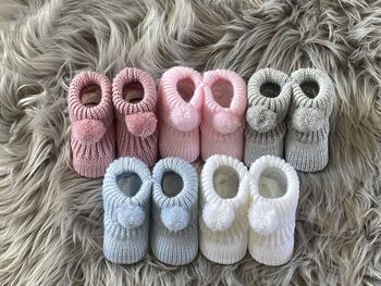 Rose Pink Knitted Baby Booties With Pom Pom, 8 of 8