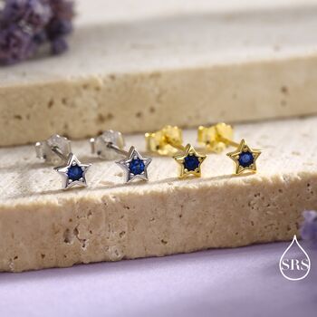 Tiny Sapphire Blue Cz Star Stud Earrings In Sterling Silver, 7 of 12