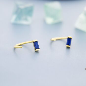 Sapphire Blue Baguette Cut Cz Huggie Hoop Earrings In Sterling Silver, 2 of 11