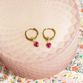 Huggie Hoop Earrings With Heart Birthstone Detail, 2 of 11