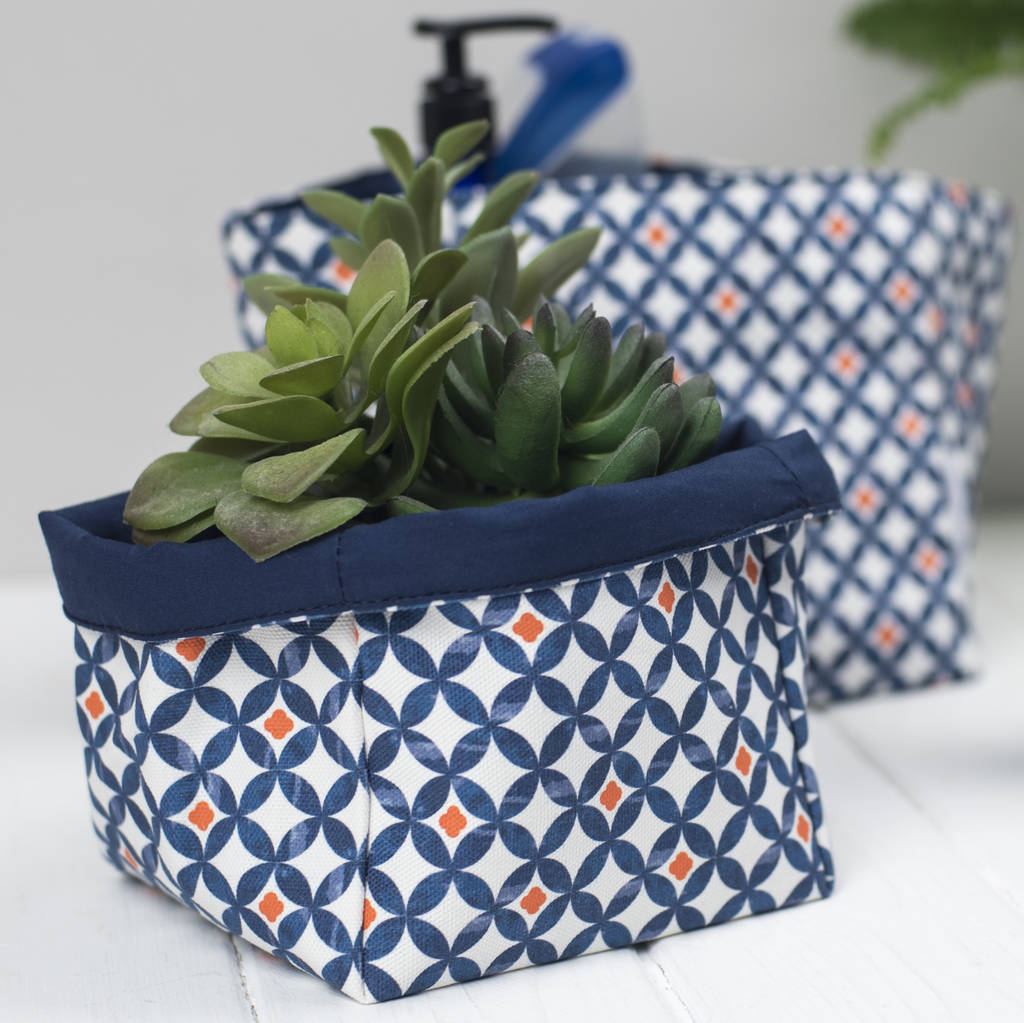 safiya fabric storage boxes, geometric blue and orange by grace