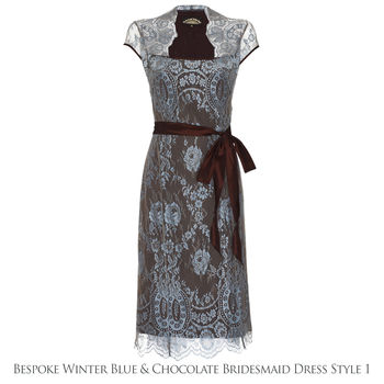 Winter Blue And Chocolate Lace Bridesmaid Dresses, 3 of 8