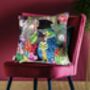 Signature Tropical Birds Dressed Up Bright Colourful Tropical Flowers Green Parrot Luxury Velvet Cushion, thumbnail 4 of 9