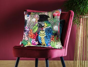 Signature Tropical Birds Dressed Up Bright Colourful Tropical Flowers Green Parrot Luxury Velvet Cushion, 4 of 9