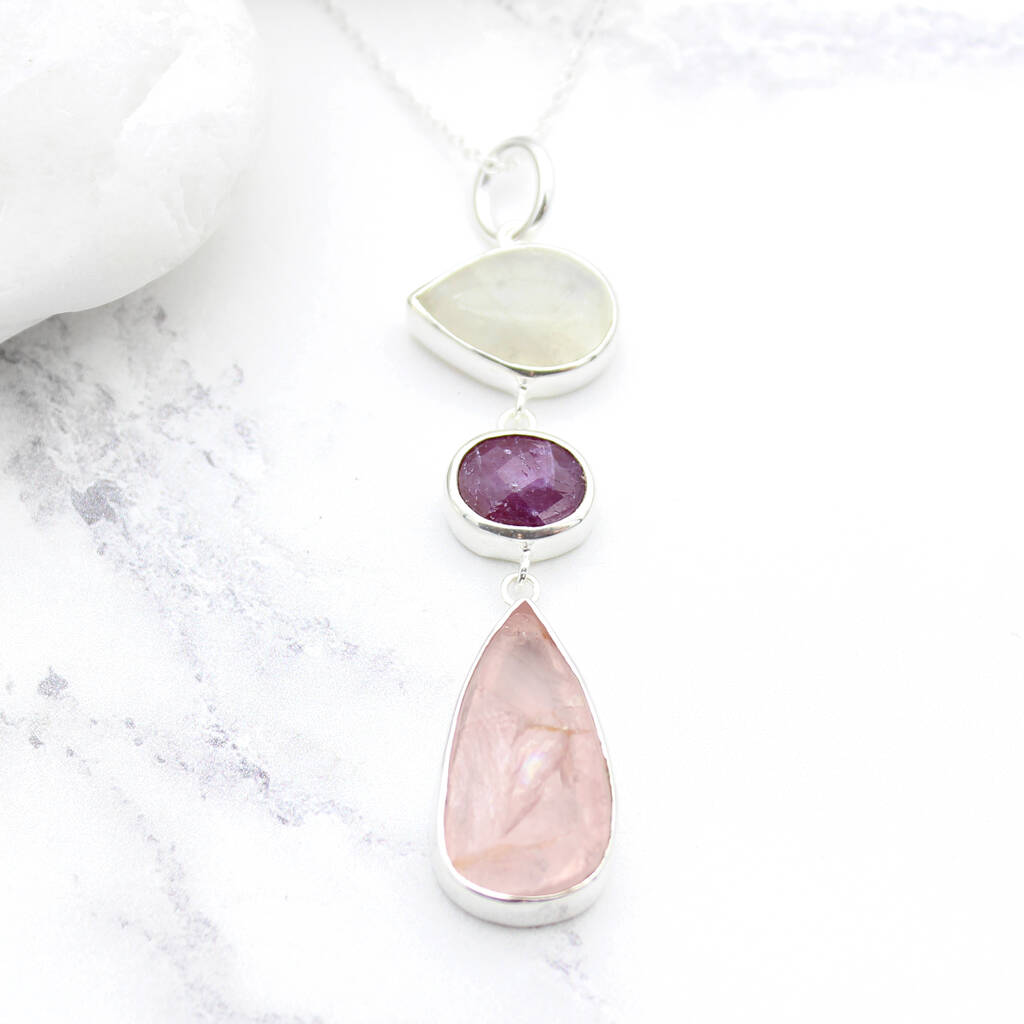 Ruby, Moonstone And Rose Quartz Gemstone Pendant, 1 of 4