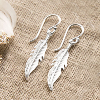Sterling Silver Dangly Lucky Feather Earrings, 2 of 4