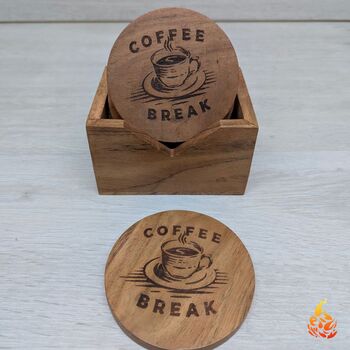 Light Wooden Coaster Set With Coffee Break Design, 6 of 6