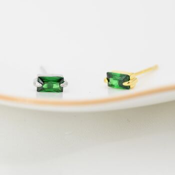 Sterling Silver Tiny Baguette Cut Emerald Green Cz Stud Earrings, 6 of 12