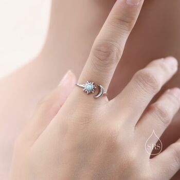 Sterling Silver Opal Moon And Sun Open Ring, 4 of 10
