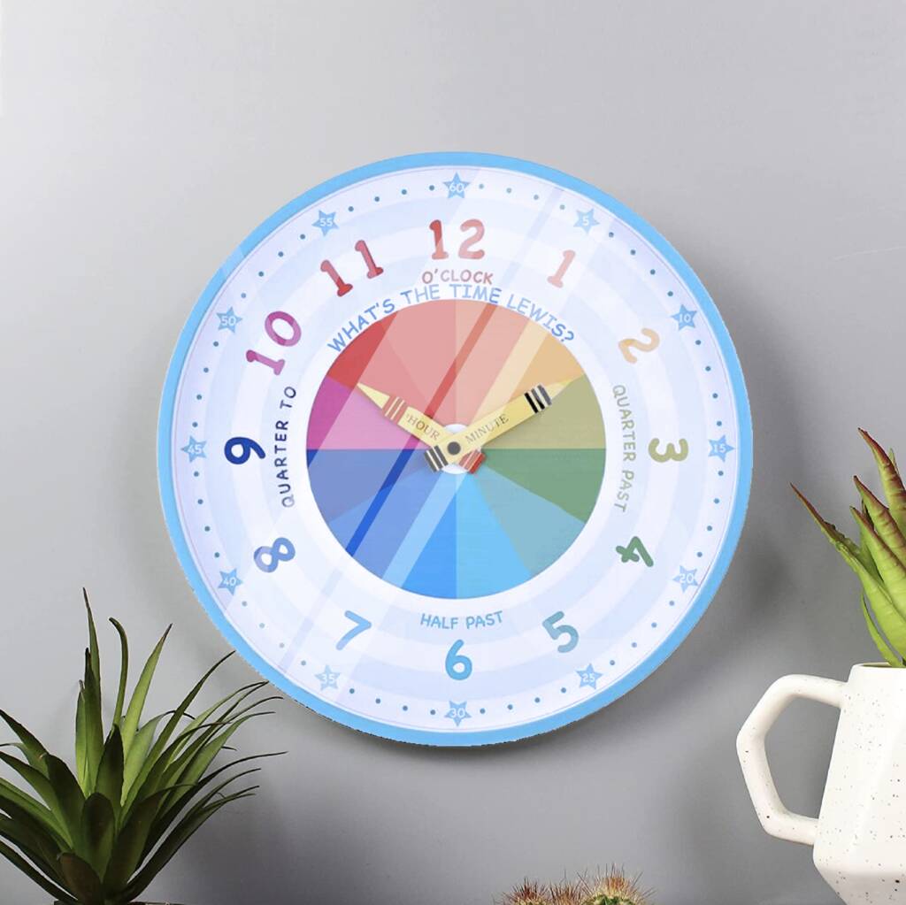Personalised Crayon Tell The Time Childs Wall Clock, 1 of 8
