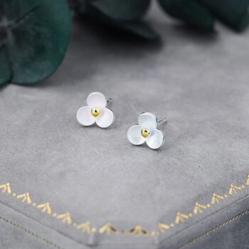Three Petal Flower Stud Earrings In Sterling Silver, 2 of 11