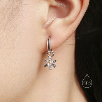 Moonstone Snowflake Huggie Hoop Earrings, 5 of 9
