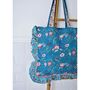 Block Printed Blue And Pink Floral Quilted Ruffle Tote Bag, thumbnail 1 of 4