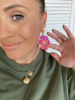 Hand Beaded Pink Pansy Statement Earrings, 5 of 9