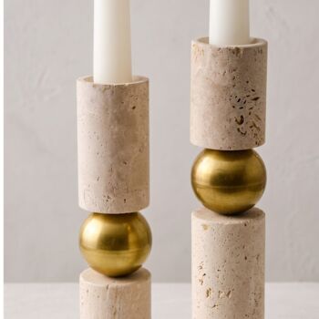 Travertine And Brass Sculptural Candle Holder Set Of Two, 3 of 6