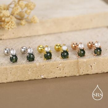 Sterling Silver Moss Agate And Cz Screw Back Stud Earrings With Ball Backs, 4 of 12