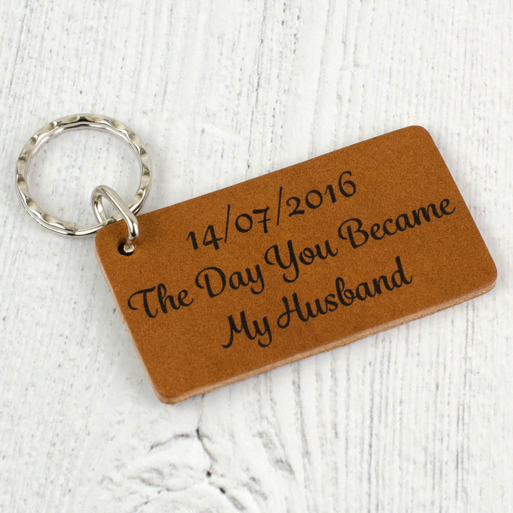 Image of The Day You Became My Husband Anniversary Key Ring, Blue/Dark Brown/Brown