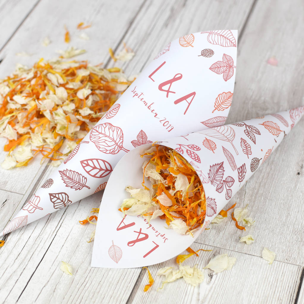 leaf personalised wedding cones with confetti by shropshire petals ...