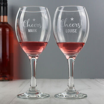Personalised 'Cheers' Engraved Wine Glass Pair, 2 of 6
