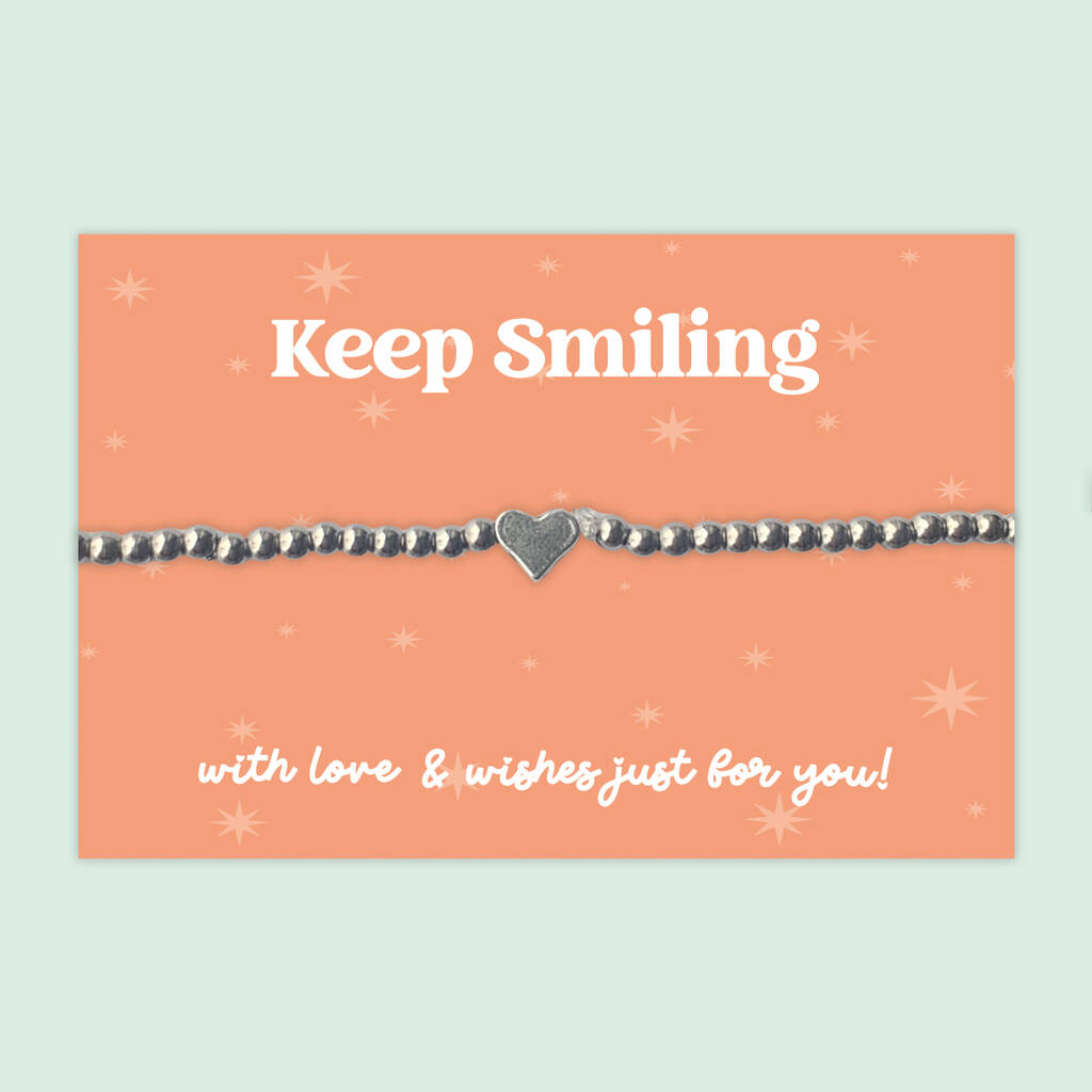 Keep Smiling Heart Charm Stretch Bracelet, Stainless Steel, 1 of 4