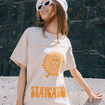 Staycation Women's Slogan T Shirt With Sun Graphic, 2 of 4