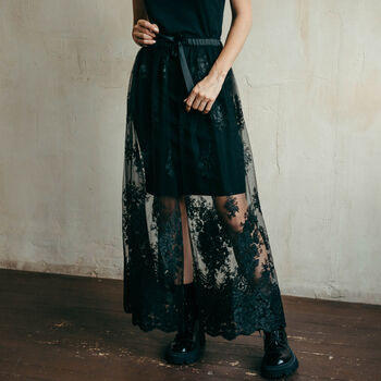 Black Lace Overlay Skirt With Detachable Train, 3 of 12