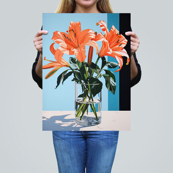 Autumn Lilies Orange Blue Floral Graphic Wall Art Print, 2 of 6
