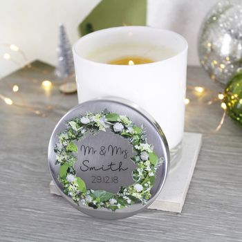 Mr And Mrs Wedding Wreath Scented Candle With Lid, 4 of 9