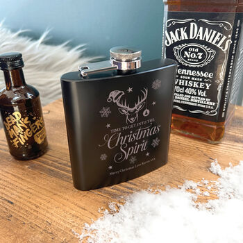 Personalised Christmas Stag Engraved Black Metal Hip Flask 6oz, 6 of 7