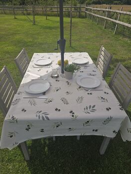 Tuscan Grove Olive Pattern Outdoor Garden Tablecloth With Parasol Hole, 4 of 4