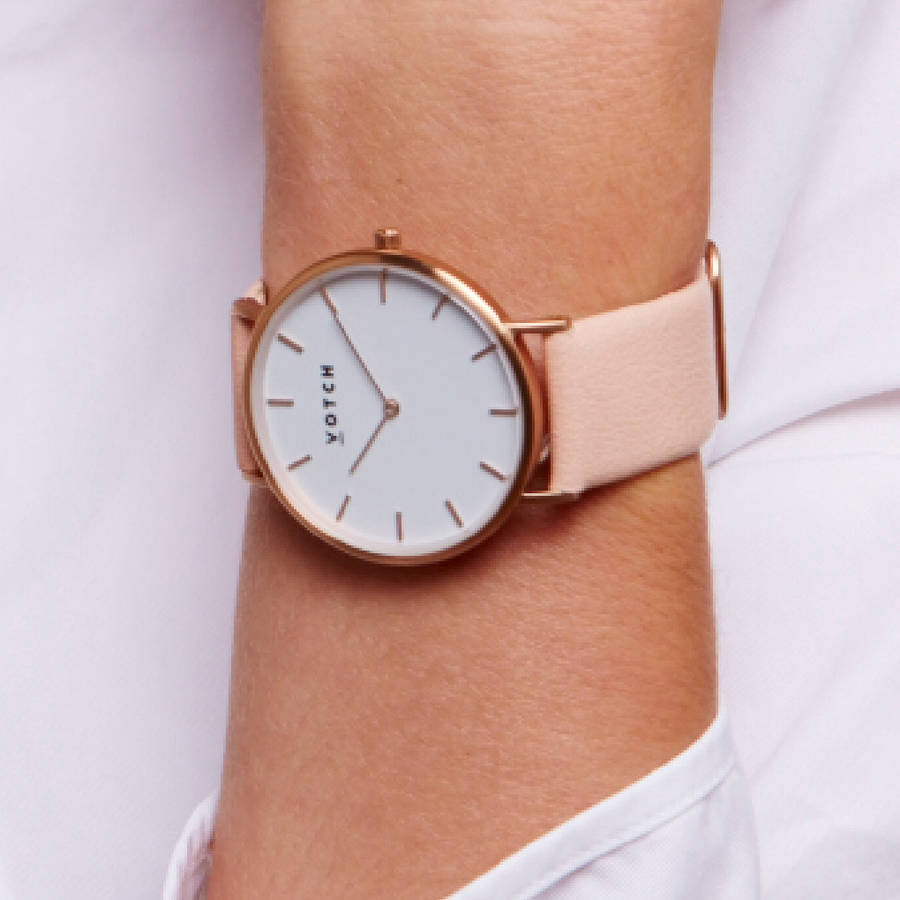 Rose gold watch with leather strap sale