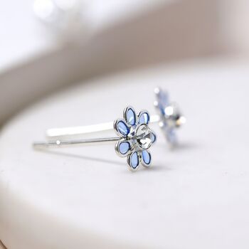 Tiny Sterling Silver Blue Flower Stud Earrings, 2 of 9