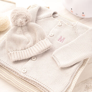 Luxury Grey Bobble Hat And Cardigan Baby Gift Set, 2 of 12