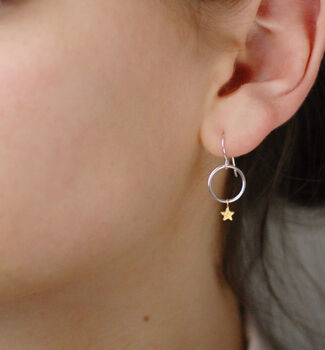 Tiny Sterling Silver Hoop And Gold Star Drop Earrings, 3 of 8