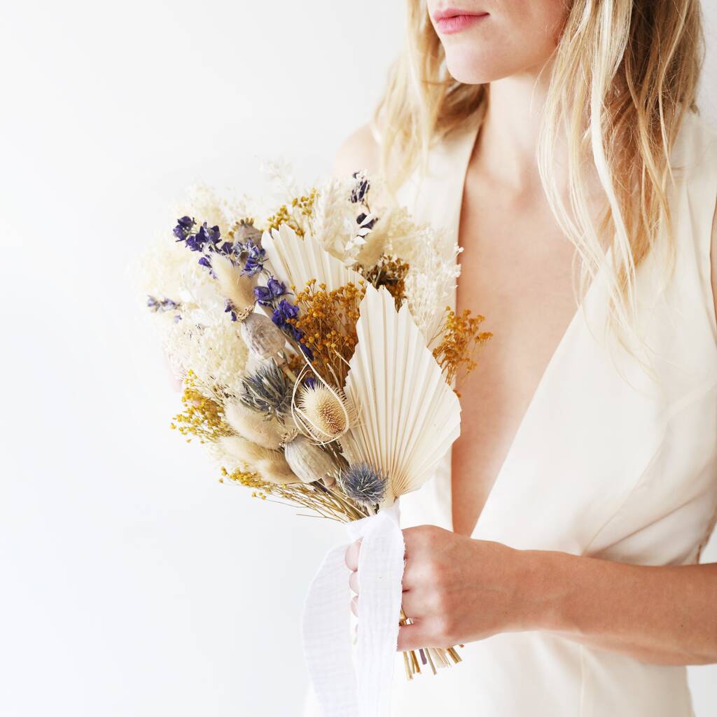 Blue And Gold Dried Flower Wedding Bouquet By Lisa Angel